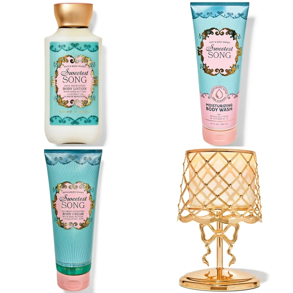 Bath & Body Works Sweetest Song 4 Piece Body Care & Candle Holder Set NEW